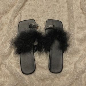black fluffy rhinestone sandals